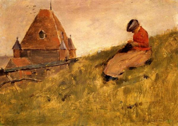 On The Cliff: A Girl Sewing by Theodore Robinson