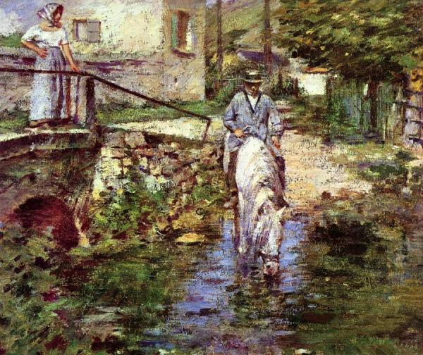 Pere Trognon And His Daughter At The Bridge by Theodore Robinson