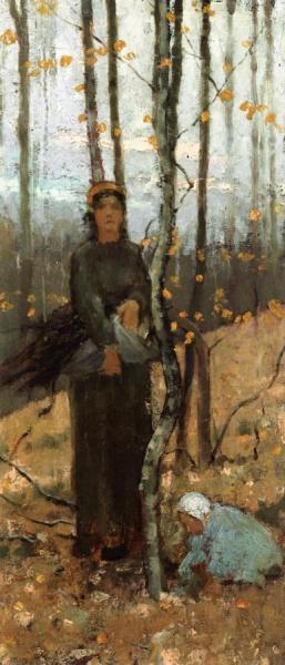 Woman And Child In A Wooded Landscape by Theodore Robinson