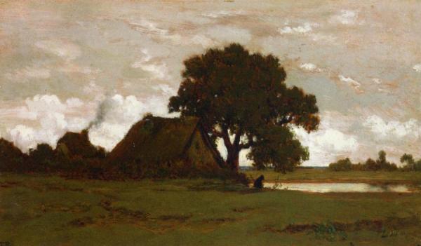 Cottages Near A Pond by Théodore Rousseau
