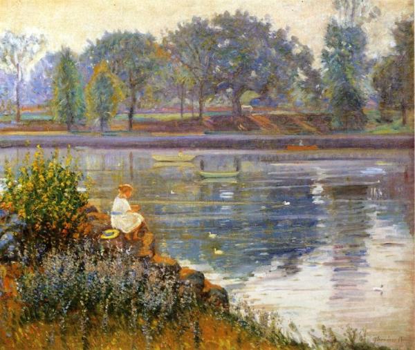 Girl Seated By A Pond by Theodore Wendel