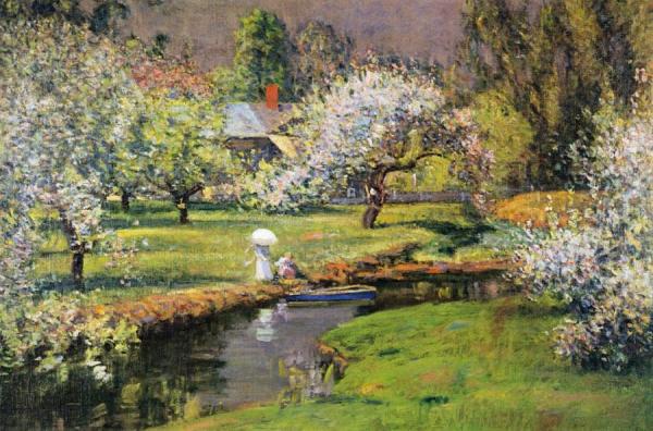 Lady With Parasol By Stream by Theodore Wendel