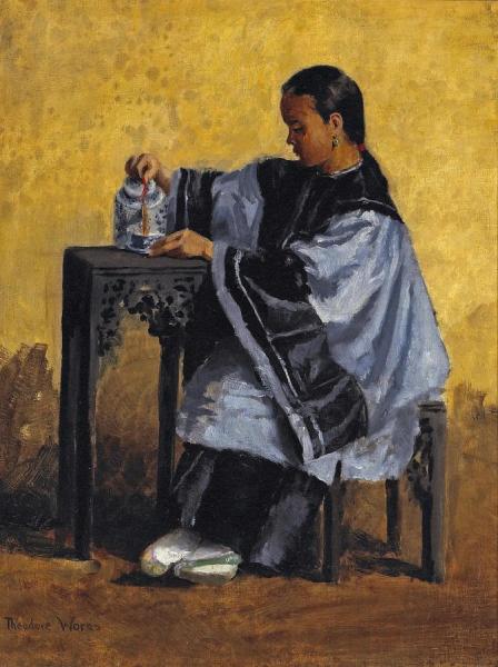 A Chinese Beauty Pouring Tea by Theodore Wores Oil Painting Reproductions
