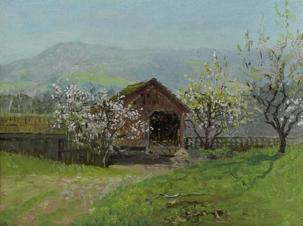 Barn With Flowering Trees by Theodore Wores