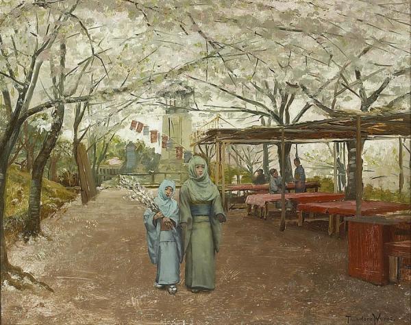 Early Cherry Blossoms, Nogeyama, Yokohama by Theodore Wores Oil Painting Reproductions