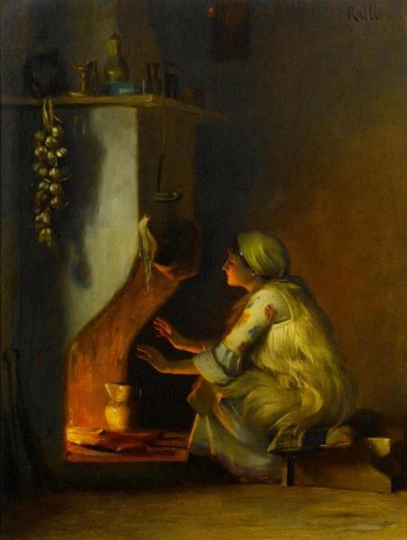 Young Girl By A Fire by Theodoros Ralli
