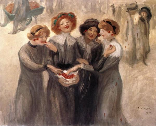 Four Women With A Basket Of Cherries by Theophile-alexandre Steinlen