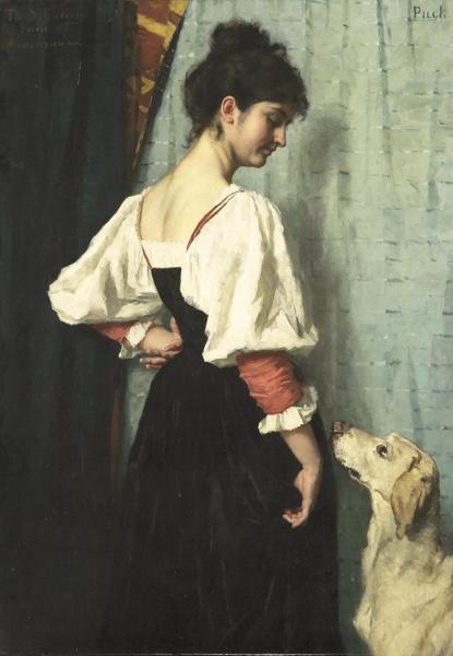 Young Italian Woman With A Dog Called Puck by Therese Schwartze