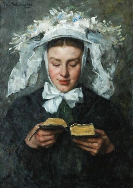 Young Woman Reading In Brabant Costume by Therese Schwartze
