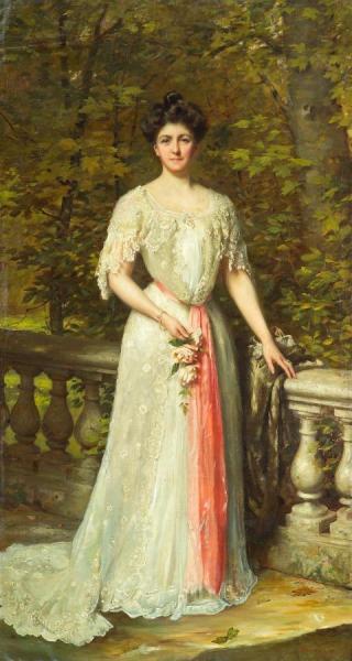 A Portrait Of A Lady In A White Dress With A Pink Sash By A Balustrade by Thomas Benjamin Kennington