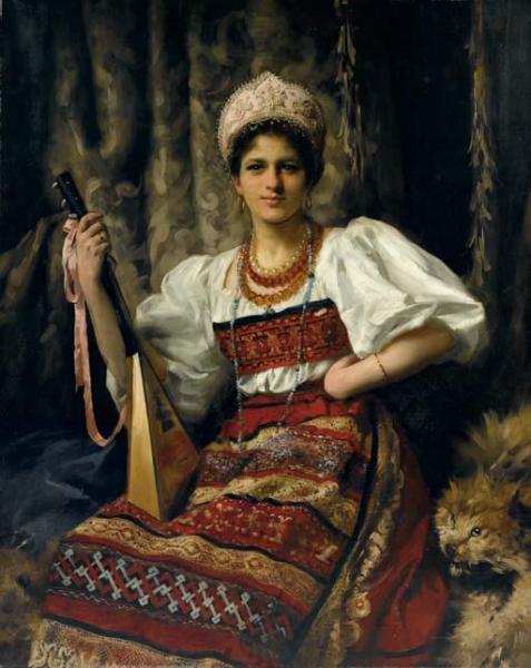 Portrait Of Anne In Russian Costume Holding A Balalaika by Thomas Benjamin Kennington