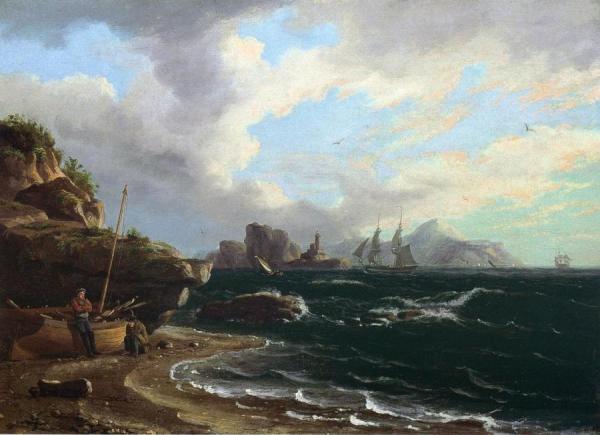Figures With Docked Boat At Shoreline by Thomas Birch