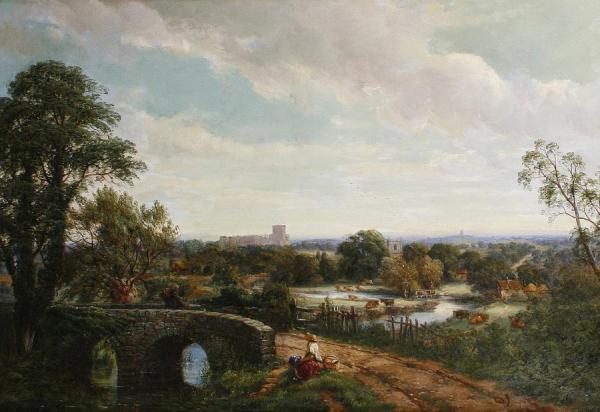 Travellers On A Bridge With An Extensive Landscape Beyond by Thomas Creswick