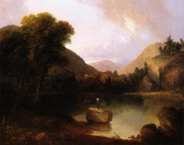 Thomas Doughty Mountain Lake With Man Fishing