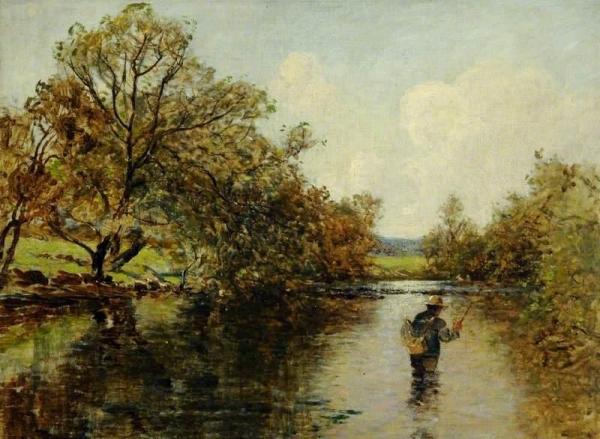 River Scene With A Fisherman by Thomas Edwin Mostyn