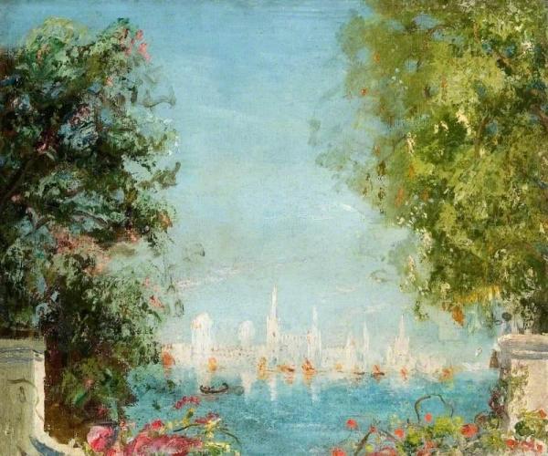 View Across A Lagoon Towards A City by Thomas Edwin Mostyn