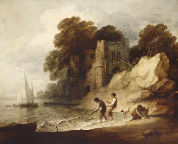 Rocky Coastal Scene With A Ruined Castle, Boats And Fishermen by Thomas Gainsborough Oil Painting Reproductions