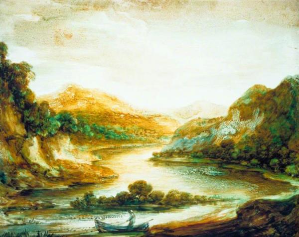 Wooded River Landscape With A Fisherman In A Rowing Boat, High Banks And Distant Mountains by Thomas Gainsborough