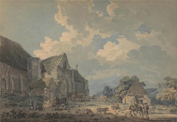The Tithe Barn At Abbotsbury With The Abbey On The Hill by Thomas Girtin