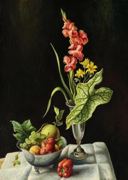 Still Life With Fruit And Flowers On A Table Top by Thomas Hart Benton