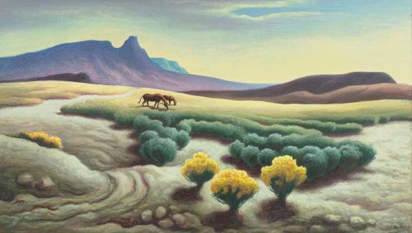 Two Horses Grazing In A Desert Landscape by Thomas Hart Benton