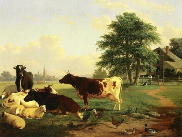 Landscape,: Cattle, Woman, Boy And Newfoundland Dog by Thomas Hewes Hinckley