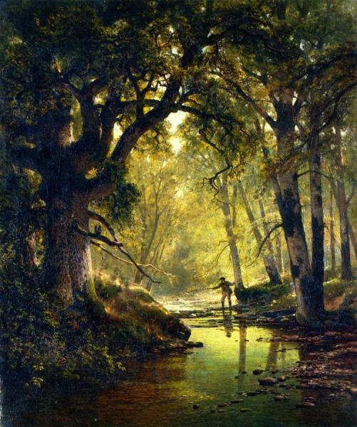 Thomas Hill Angler In A Forest Interior