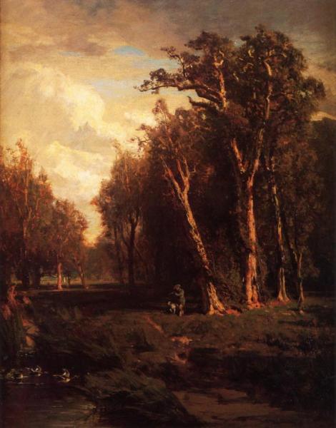 Hunter With Dog Jumping A Flock by Thomas Hill