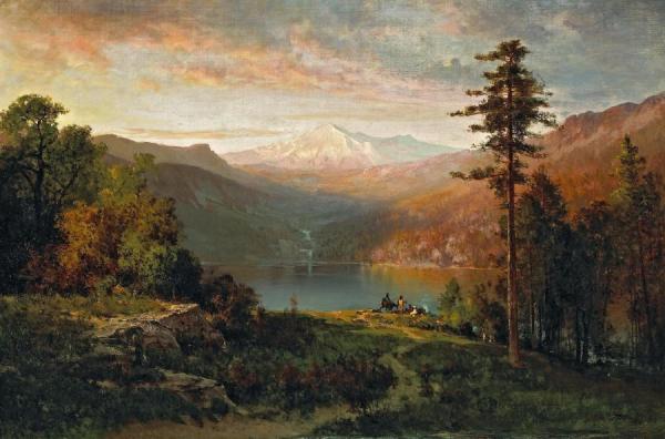 Indian By A Lake In A Majestic California Landscape by Thomas Hill