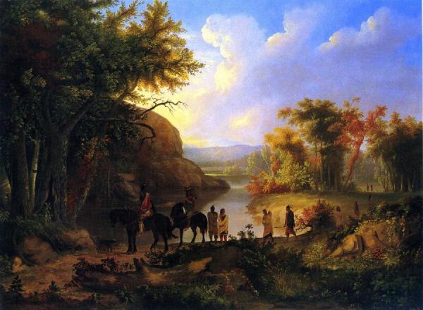 Indians In Sunset River Landscape by Thomas Mickell Burnham