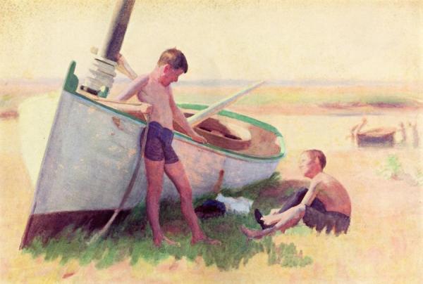 Two Boys By A Boat - Near Cape May by Thomas Pollack Anshutz Oil Painting Reproductions