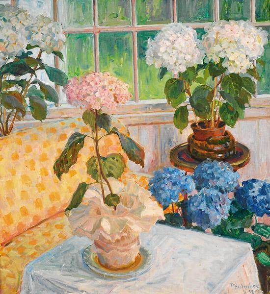 Garden With Hydrangeas In Pots by Thorolf Holmboe