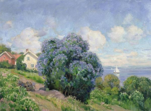 Summer Landscape With Lilac Bush by Thorolf Holmboe