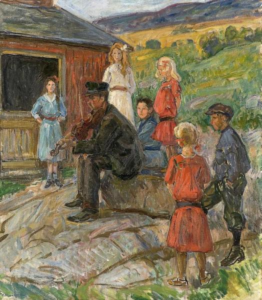 Young People And Fiddle Player by Thorolf Holmboe