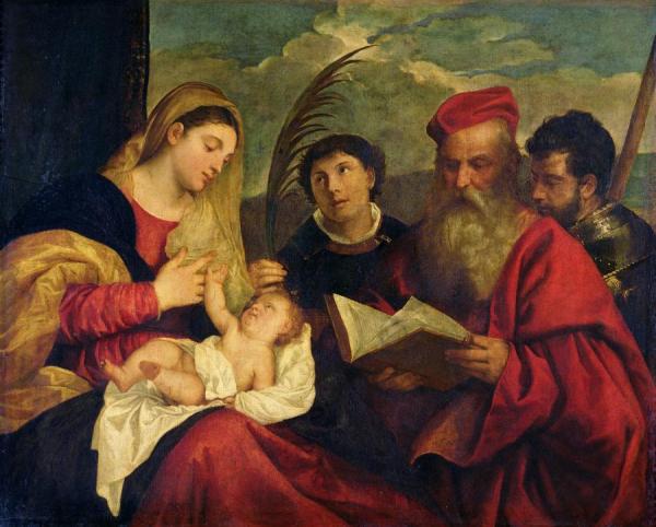 Madonna And Child With Ss. Stephen,jerome And Maurice by Titian