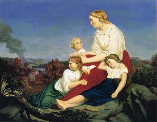 Woman And Children, With Indian Massacre In The Background (also Known As Taken Captive By The Indians) by Trevor Mcclurg