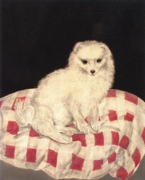 Dog Seated On A Red And White Cushion by Tsuguharu Foujita Oil Painting Reproductions