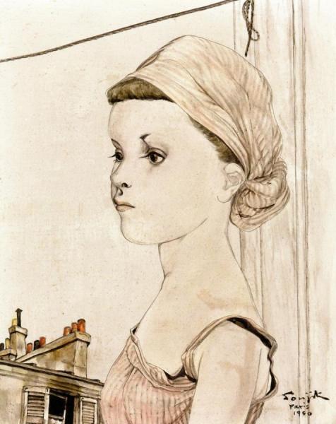 Girl With A Striped Head Scarf by Tsuguharu Foujita