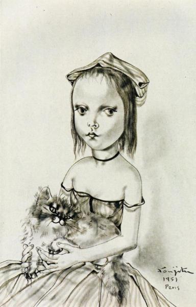Girl With Cat by Tsuguharu Foujita Oil Painting Reproductions