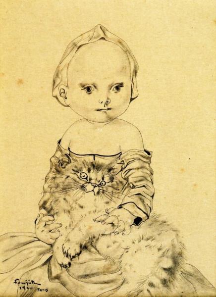 Little Girl And Cat by Tsuguharu Foujita