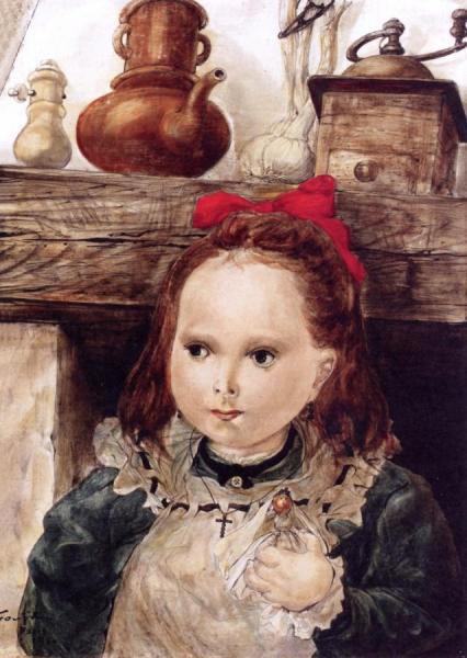 Little Girl With Red Bow By The Fireplace by Tsuguharu Foujita