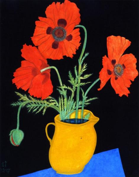 Poppies In A Yellow Pot by Tsuguharu Foujita
