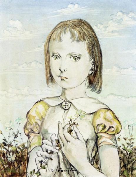 Portrait Of A Girl With Flowers by Tsuguharu Foujita