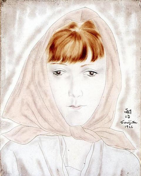 Portrait Of Youki With Scarf by Tsuguharu Foujita