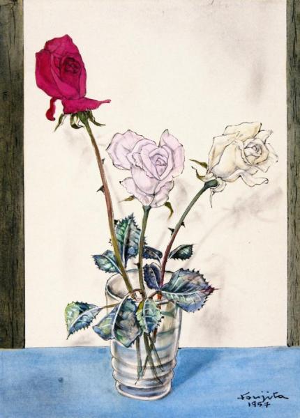 Three Roses In A Vase by Tsuguharu Foujita