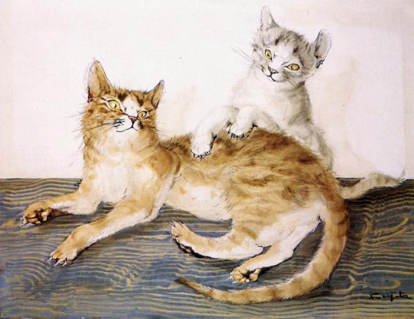 Two Cats Playing by Tsuguharu Foujita Oil Painting Reproductions