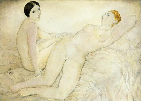 Two Friends (youki And Mado) by Tsuguharu Foujita