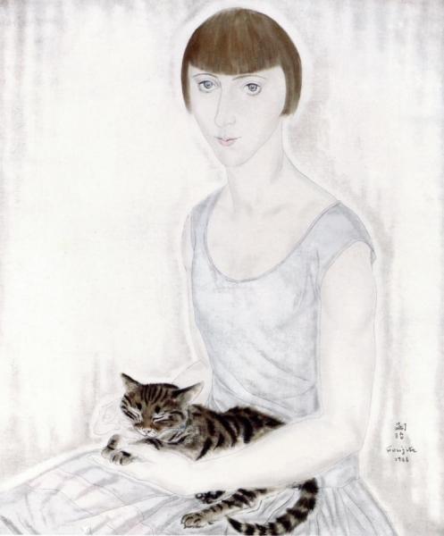 Woman With Cat, Portrait Of Ghita by Tsuguharu Foujita Oil Painting Reproductions