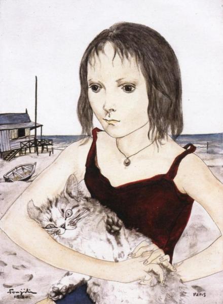 Young Girl With Her Cat On The Beach by Tsuguharu Foujita