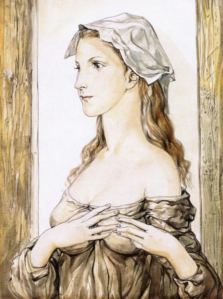 Young Woman In Profile, Hands Folded Over Her Breast by Tsuguharu Foujita